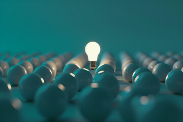 A single bulb shines brightly among dim ones, symbolizing a standout idea or innovation