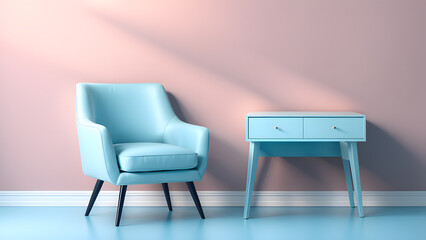 A blue chair sits in front of a white desk