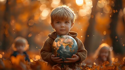 Naklejka premium Youthful Stewardship: Embracing the Globe with Hope