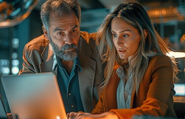 A female technician and a middle-aged engineer are talking while using a laptop.