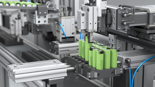Automatic assembly line for lithium batteries. Robotic packaging with pneumatic grippers. 3d render