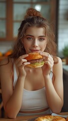 Overweight young woman at a kitchen table, enjoying a hamburger.