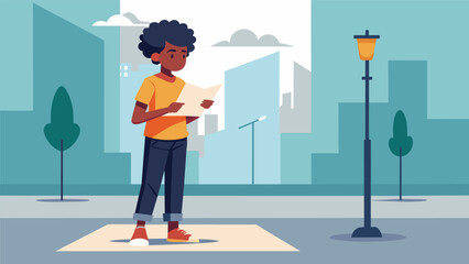 A young person standing on a street corner reading their Juneteenth speech aloud to passersby hoping to spread awareness and spark conversation.. Vector illustration