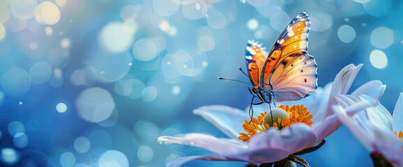 A delicate butterfly perched on the center of an oversized white flower, with vibrant blue and yellow hues in the background, creating a dreamy atmosphere. 