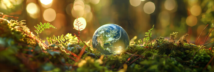 Reflective crystal globe in a woodland scene suggests global conservation, sustainability efforts, and nature's balance