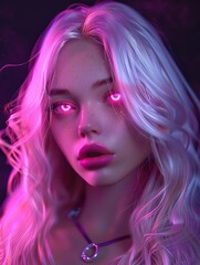 Fototapeta premium A portrait of a very beautiful gorgeous girl with pink soft hair and pink glowing iris in an surreal pink place with pink lights and purple tone and red vibe.