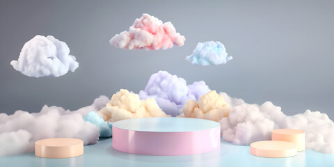 Abstract minimal concept. Pastel colourful colour podium stage with cloud and skies background landscape. Mock up template for product presentation. copy text space	
 - obrazy, fototapety, plakaty