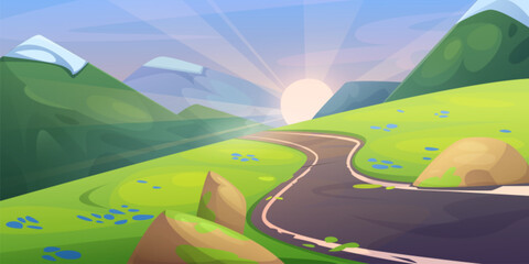 Summer sunset or sunrise mountains landscape with winding road, green grass and rocks on roadside. Cartoon vector morning or evening sunny scenery with empty asphalt serpentine highway and hills. - obrazy, fototapety, plakaty