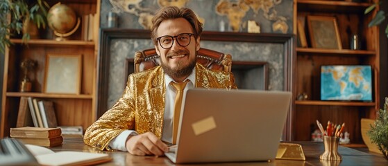 Using a laptop to create an online business, a successful, enthusiastic and humorous young man in a golden suit sits at a desk with a gold bar. - obrazy, fototapety, plakaty