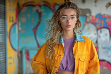 woman in retro yellow jacket with sunglasses on a background with urban graffiti - obrazy, fototapety, plakaty