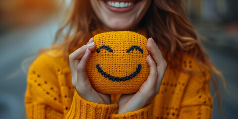 smiling woman holding a crocheted toy in the shape of a yellow smiling smile - obrazy, fototapety, plakaty