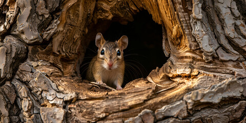 small rodent emerges from tree hollow pee ibling squirrels huddle peering out of their nest Eastern Gray squirrel looking out of a hole in a tree