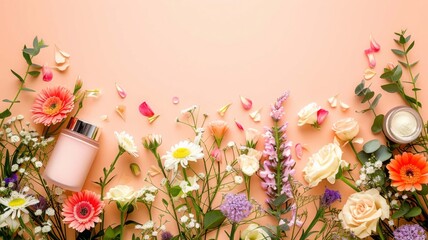 various cosmetics and flowers with space for text, Generative AI,