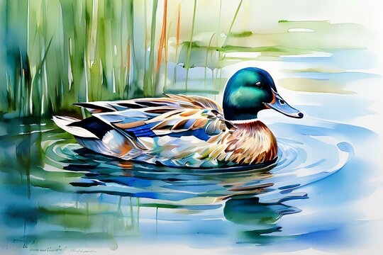 Draw an image of a duck in watercolor. Generative AI