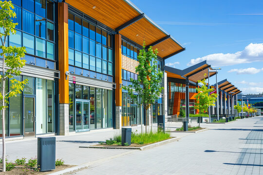 Photo of the mall shopping street in North America. Exterior of a new shopping centre building. Mall complex outdoor
