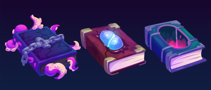 Magic wizard or witchcraft books with fantastic hardcovers. Cartoon vector game ui assets set of closed fantasy ancient textbooks with mystery spells or sorcerer recipe. Fairytale myth grimoire.