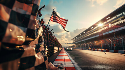 An American flag stands proud at a sunlit race circuit symbolizing national pride and sporting...