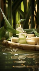 A beautiful image of a bamboo forest with candles floating in a pond.