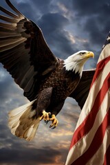 Naklejka premium An eagle flies next to the American flag.