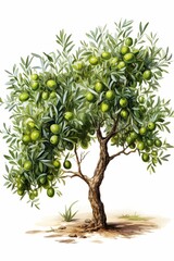 An olive tree with green olives on a white background