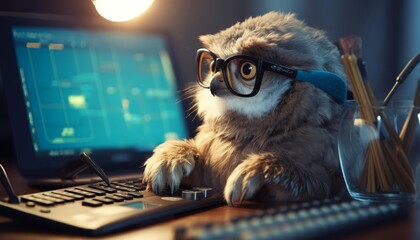 An owl wearing horn-rimmed glasses is sitting at a computer desk and typing on a keyboard.