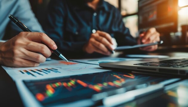 Financial analysts peer over charts, their lines and figures a map to navigate the turbulent waters of the stock market, background concept