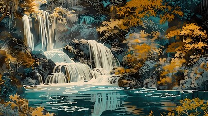 waterfall deep within a lush forest landscape abstract art poster background - obrazy, fototapety, plakaty