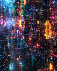 Obraz premium A glowing orange Bitcoin symbol in a futuristic city.