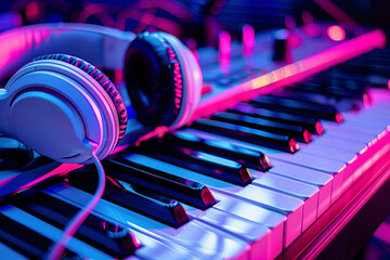 Piano keyboard with headphones for music
