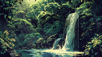 waterfall deep within a lush forest landscape abstract art poster background - obrazy, fototapety, plakaty