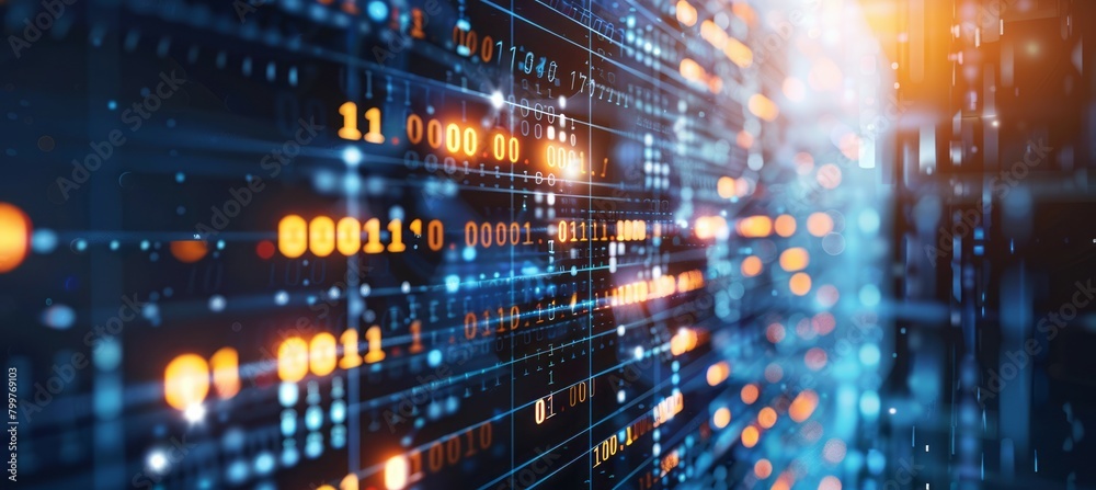 Poster Binary number digital data technology background. Generative AI technology.	
