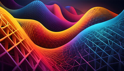 A stunning 3D abstract design featuring vibrant neon colors interwoven into a complex mesh - obrazy, fototapety, plakaty