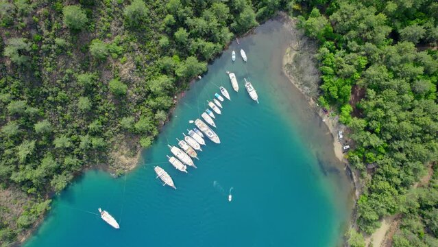 mugla gocek coast blue wonderful sea and green nature trees and forests boats 4k drone video