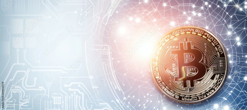 Poster Bitcoin symbol with copy space background. Generative AI technology.	
