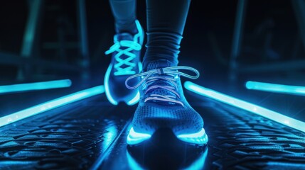 An athlete's shoe and fitness equipment hologram in close-up