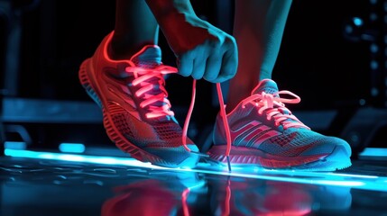An athlete's shoe and fitness equipment hologram in close-up