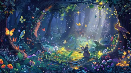 A magical childrens book illustration featuring enchanting creatures in a whimsical forest designed to delight and inspire playful imaginations