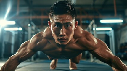 Fototapeta na wymiar Close-up shot of a muay thai boxing athlete doing pushups in a gym