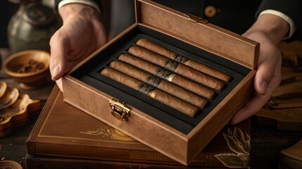 This unbranded cigar box package is a simple and classic option for storing your cigars, Generated by AI