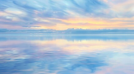 Fototapeta premium Tranquil scene of a smooth water surface reflecting serene sky colors at dawn embodying peace and stillness