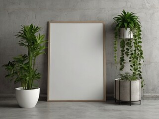 Empty white A4 vertical rectangle poster mockup frame with soft leaves shadows on neutral light grey concrete wall background.