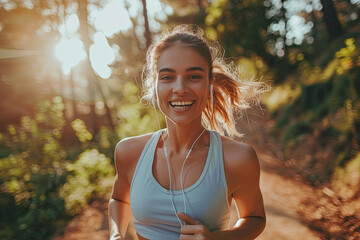 Happy athletic woman listening music on earphones while running in nature in the morning
