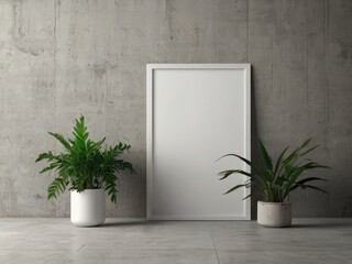 Empty white A4 vertical rectangle poster mockup frame with soft leaves shadows on neutral light grey concrete wall background.