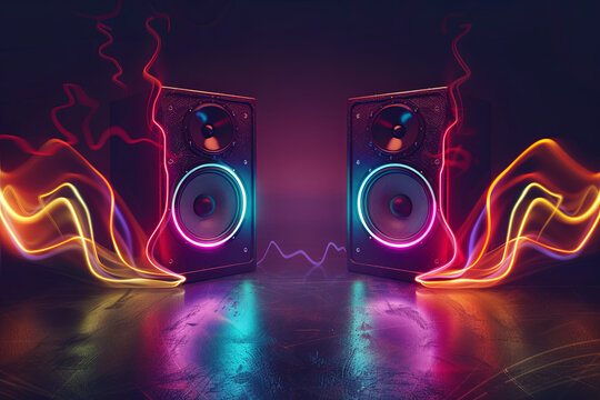 Two sound speakers in neon light with sound wave between them on black