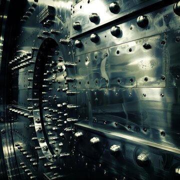 The cool, metallic surface of a bank vault door, exuding an aura of safety and invulnerability