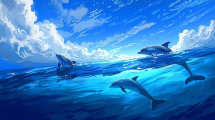 The deep blue ocean mirrors the sky above, punctuated by the graceful arcs of dolphins, bright water color - obrazy, fototapety, plakaty