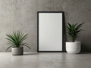 Empty white A4 vertical rectangle poster mockup frame with soft leaves shadows on neutral light grey concrete wall background.