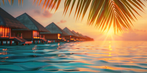 A sunset over a bungalows in bora bora.
