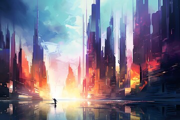 Create a dynamic side view of a futuristic cityscape blending impressionism and surrealism