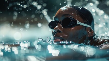Side view of black female swimmer swimming breaststroke